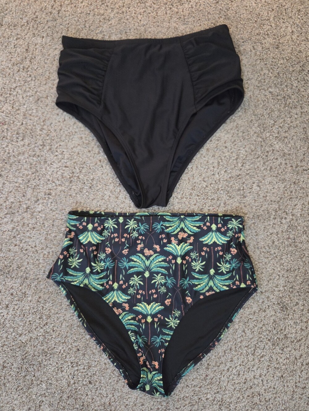 2 Medium Old Navy High Waist Bikini Bottoms - Black Ruched + Palm Green